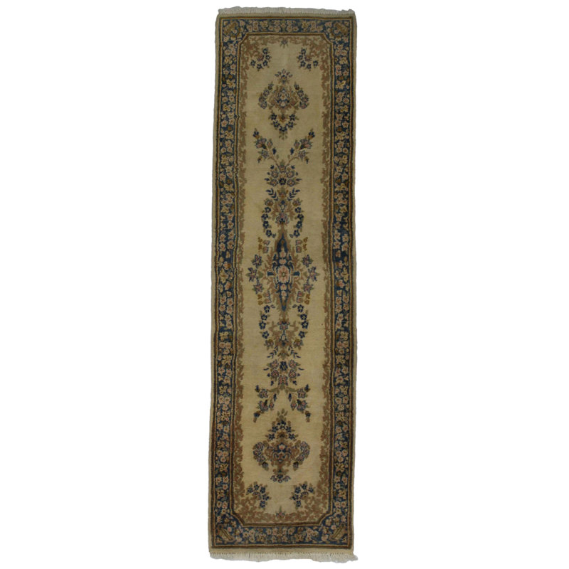 Tapis bleu / beige en coton / laine à motif oriental fait à la main 2 pi 6 po x 9 pi 5 po