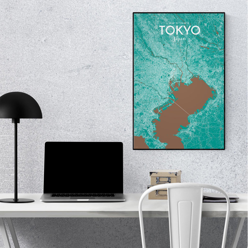 Carte de la ville de Tokyo, impression, H 36 po x l 24 po, Vert / brun