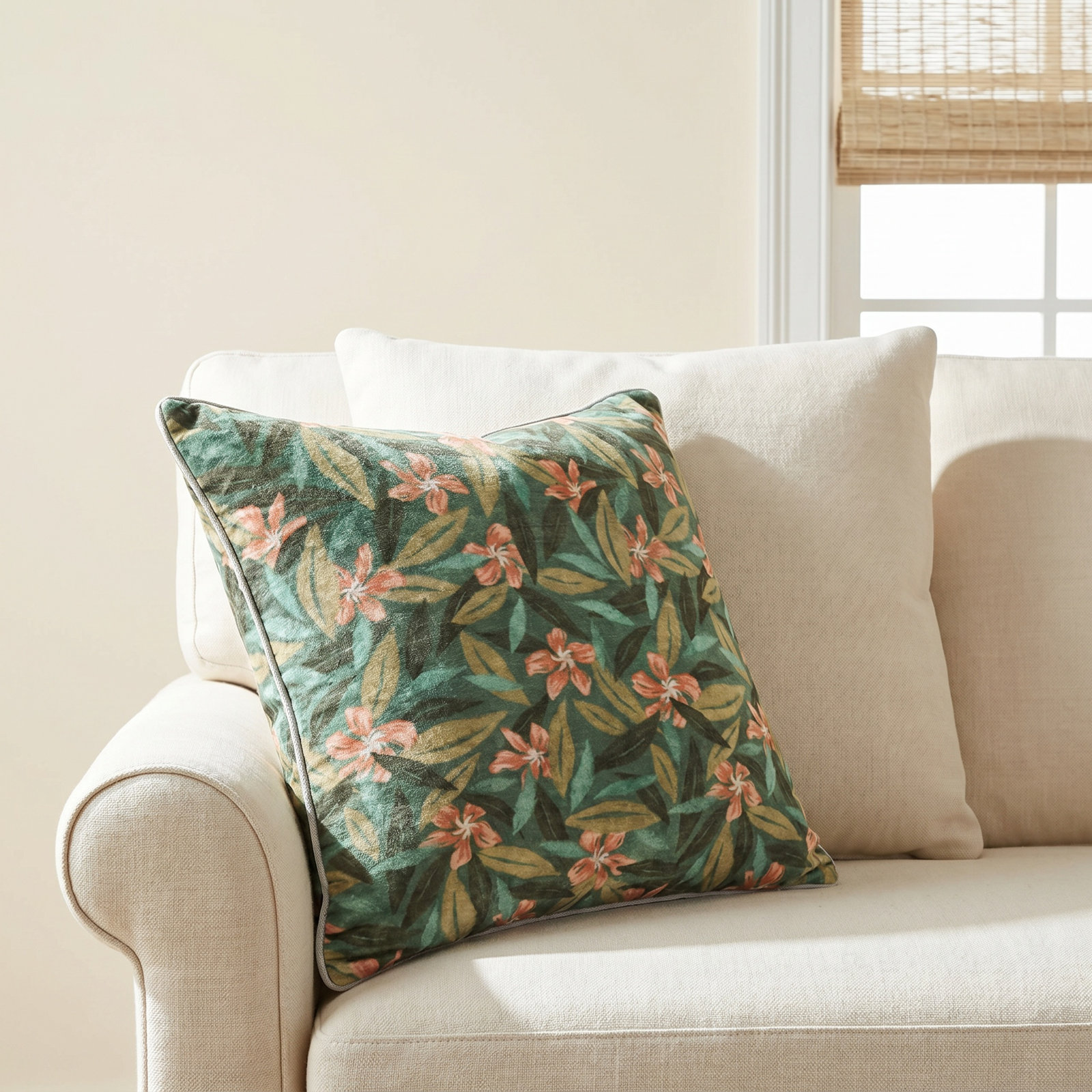 Lamia 22" Cotton Velvet Fabric Botanical Throw Pillow, Green
