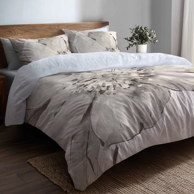 Indigold Grey Peonies III - Floral Print Duvet Cover Set, Full/Queen Duvet Cover + 2 Shams
