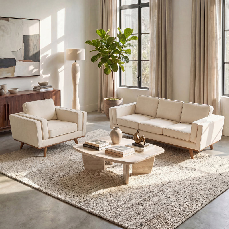 Carmen 2-Piece Upholstered Square Arm Sofa Set, 2 Pieces: Sofa, Chair, Beige