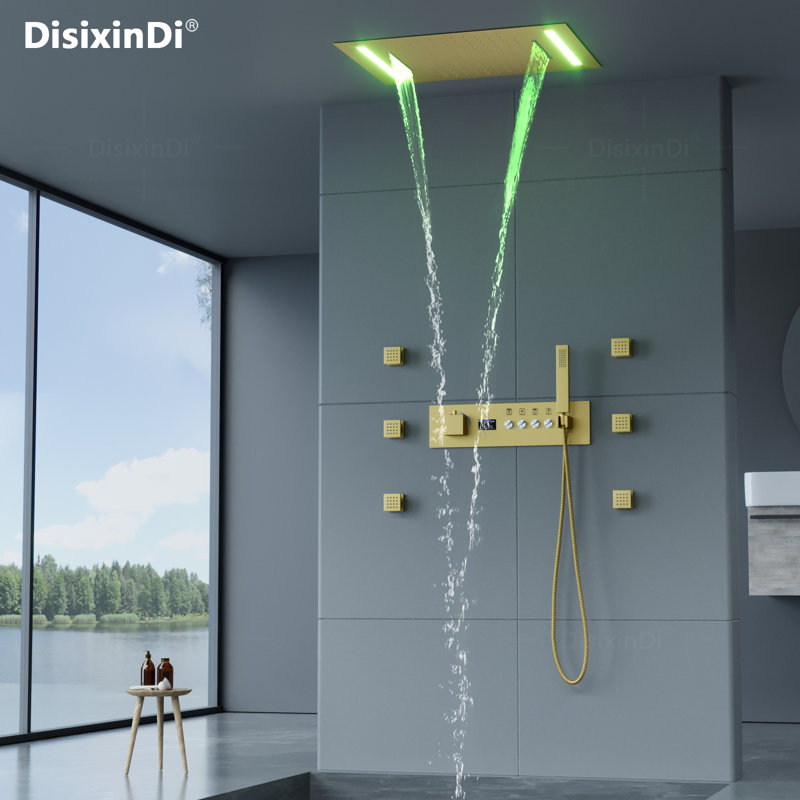 Ceiling Rain Brushed Gold LED Shower Head with Handheld Spray Thermostatic Rainfall Shower System Set and Body Jets