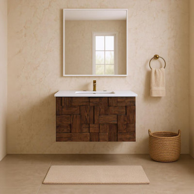 Leonardo Engineered Stone and Solid Wood Wall Mounted Bathroom Vanity
