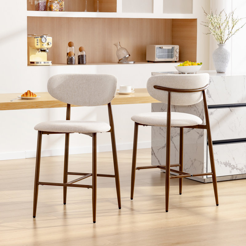 Modern Upholstered Counter Stool with Backrest and Solid Metal Frame (Set of 2), Linen, 2