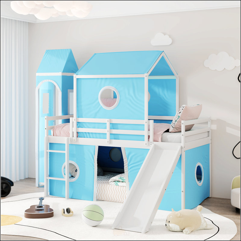 Lit mezzanine avec tente coulissante et tour, Lit simple, Bleu