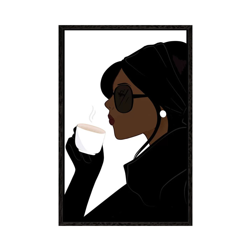 Espresso Chic, Dark-Skinned, Black Hair 1 Piece Painting on Canvas, 66.04 cm H x 45.72 cm W, Black Framed