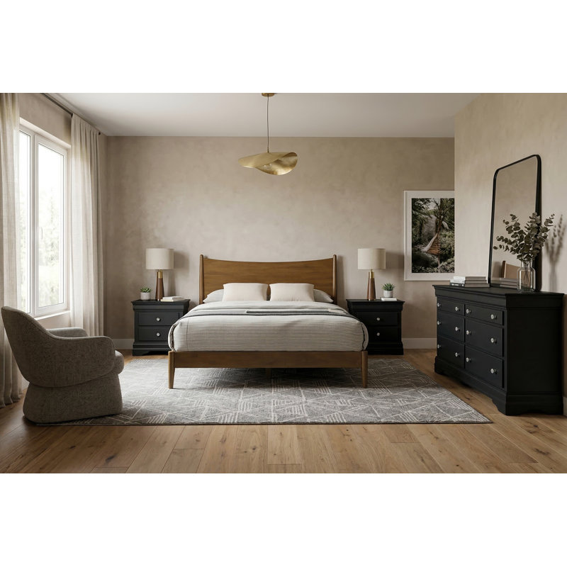 Barvelle Solid Wood 4 Piece Bedroom Set, Orange/Black, 4 Pcs: Bed, Dresser, 2 Nightstands