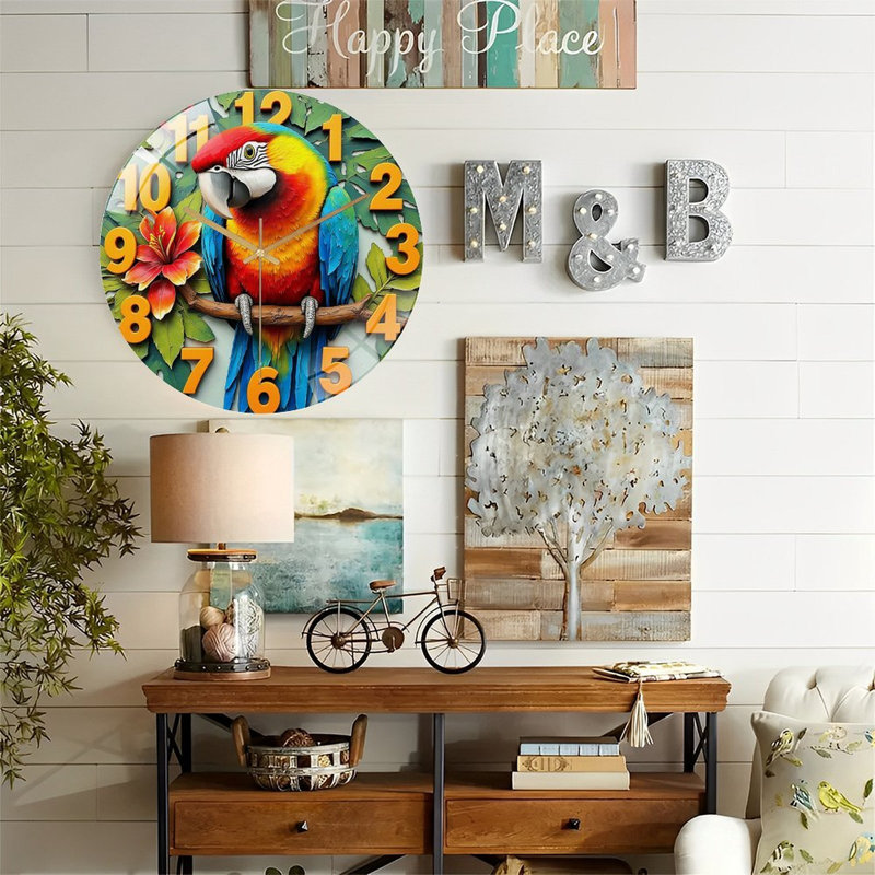 Colorful Parrot Wall Clock with Tropical Design Art - 12'' Modern Glass Wall Clock