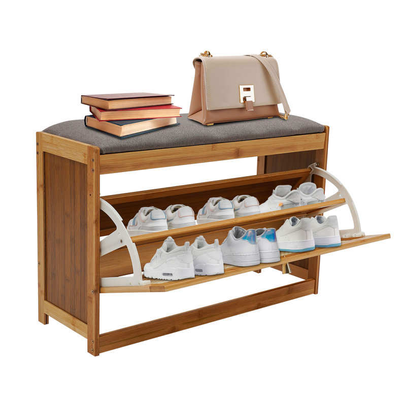 Banc de rangement 6 paires de chaussures en bambou avec coussin, Bois brun