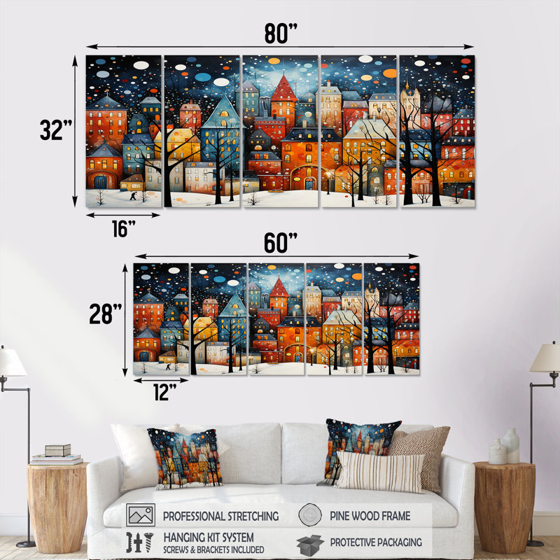 Art déco, village d'hiver, peinture II - Art déco sur toile 5 pièces, H 32 po x l 80 po