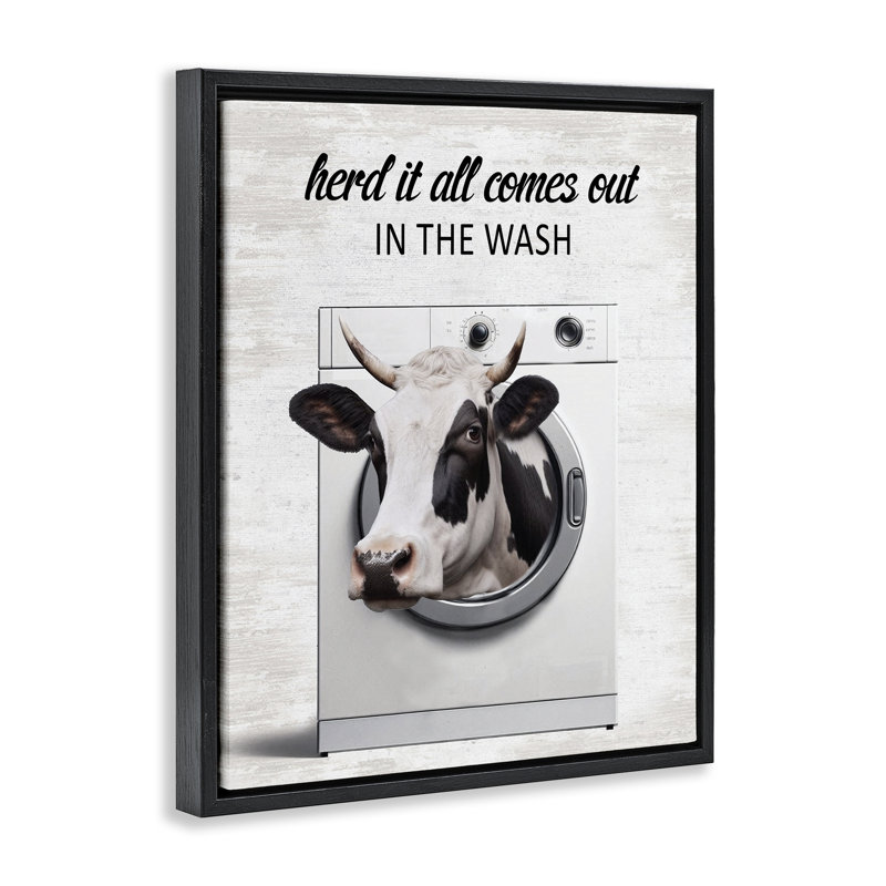 Cow & Washing Machine Floating Frame, design by Lettered and Lined, Jet Black Floater Frame, 21" H x 17" W