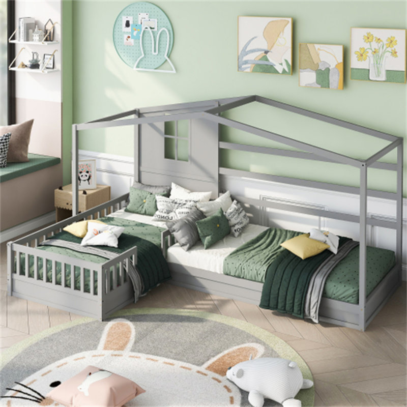 Wood House Bed, Gray