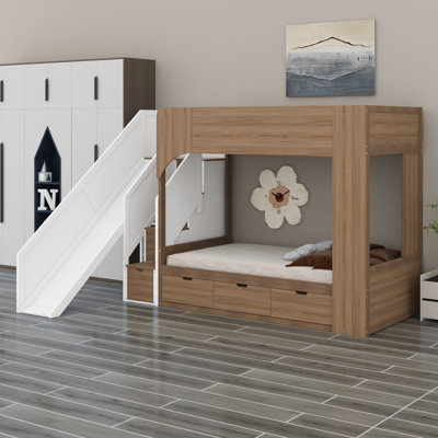 Lit superposé avec glissade et escalier de rangement intégré, tablettes et tiroirs pour les chambres d'enfants ludiques