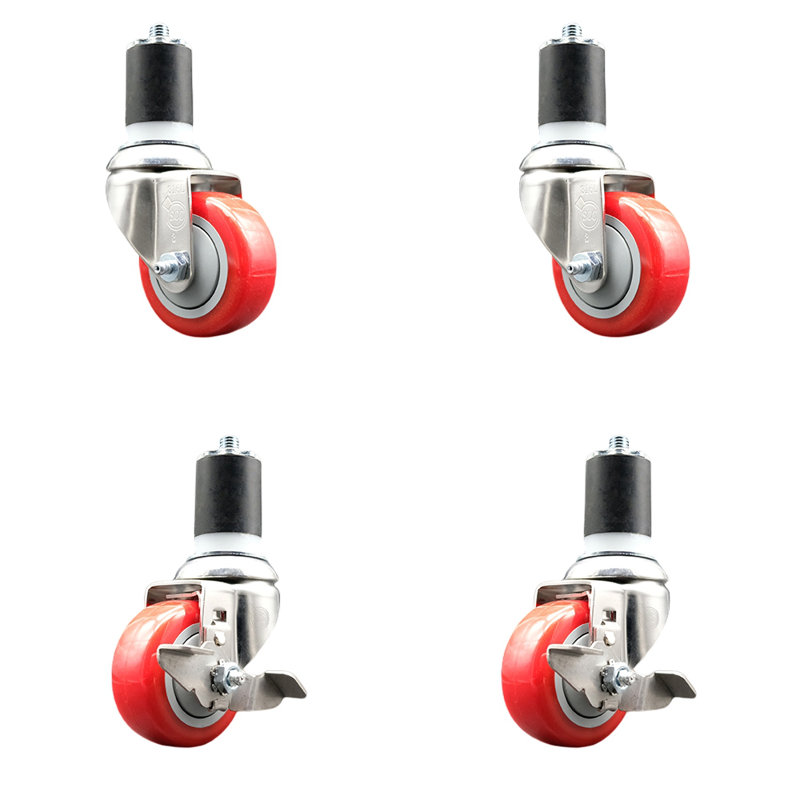 Ensemble de 3 roulettes à tige extensible de 3,5 pouces en acier inoxydable 316SS pivotant de 3,5 po, Rouge