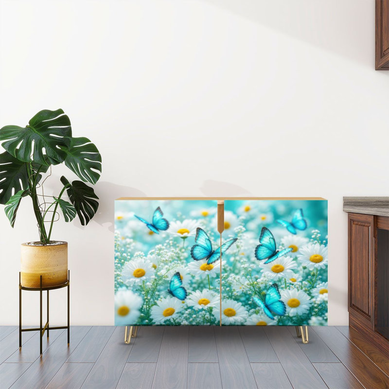 Buffet Buffet avec rangement Papillons bleus marguerites blanches Dreamy Pastel Garden avec 2 portes pour le salon et la cuisine