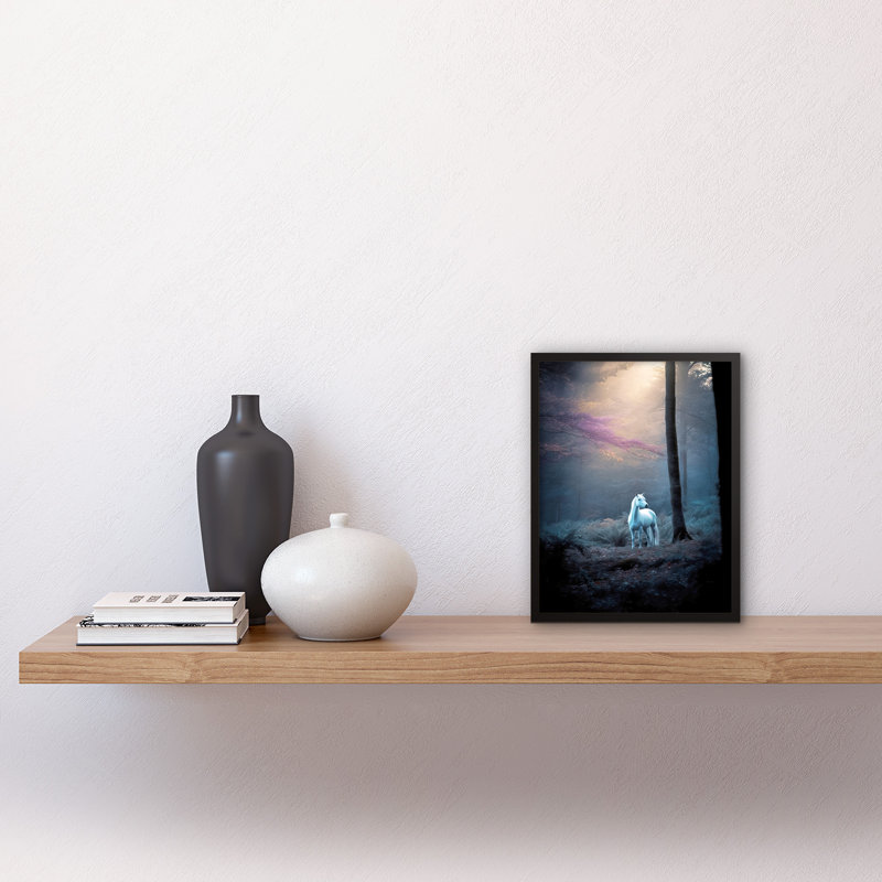 Hosea Lone White Forest Horse Enchanted Landscape Sunbeam - Single Picture Frame Print