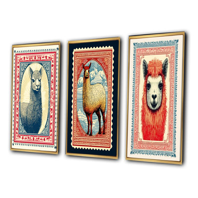 Stamp Retro Illustration Of Alpaca Portrait II - Animals Art Set Of 3 Pieces