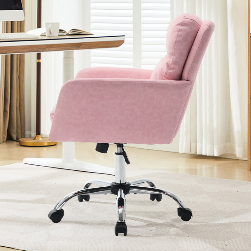 Chaise de bureau réglable rose en cuir de polyuréthane, structure en métal haute résistance, assise confortable en mousse à densité et coton, hauteur de teinture, douce pour la coiffeuse