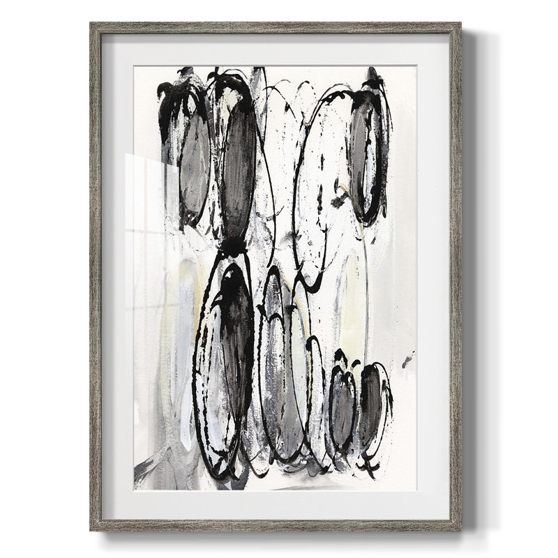Grey Scribbles II - Matted and Framed Under Acrylic Glass, Large Living Room Wall Art, Distressed Silver Framed Canvas, White