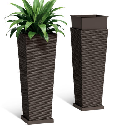 24/32 in. Imitation-Wicker Plastic Tall Planter Pot with Drainage Hole & Tray