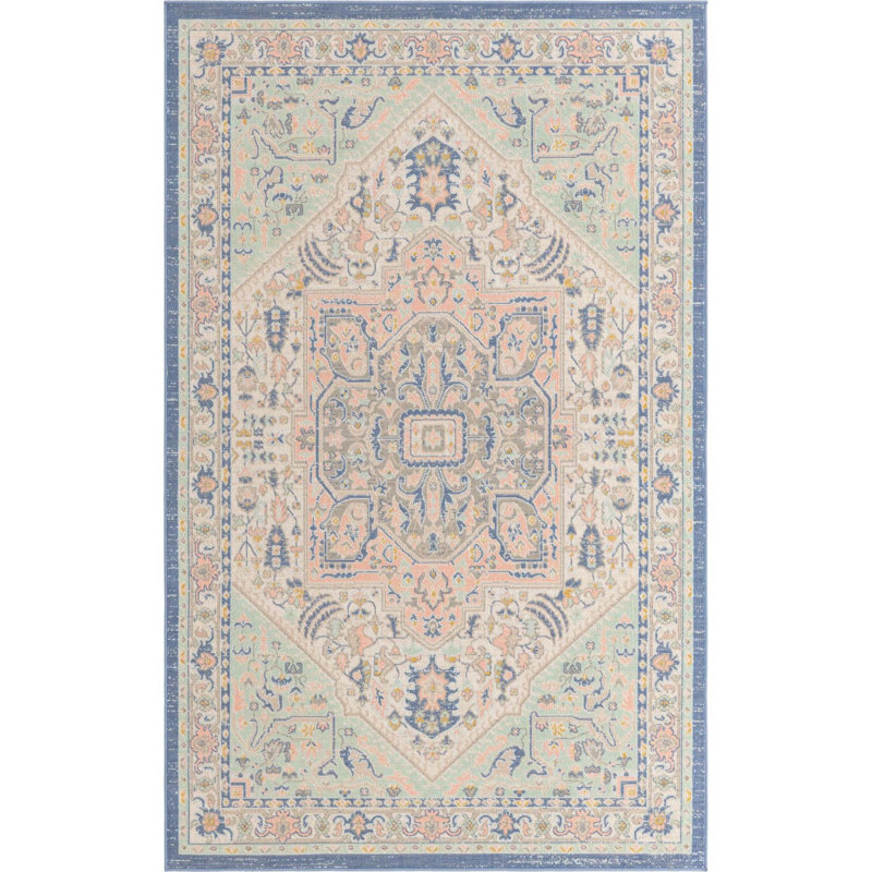 Tapis oriental vert / rose Orcon, Rectangle 5 pi 3 po x 8 pi