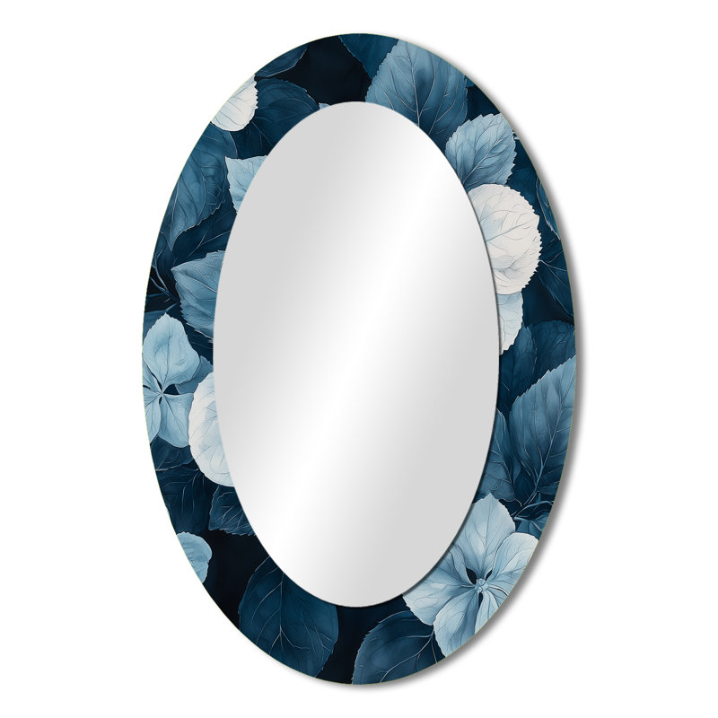 Monochrome Hydrangea Cluster Pattern I - Blue Oval Wall Mirror Decor, 36" x 24"