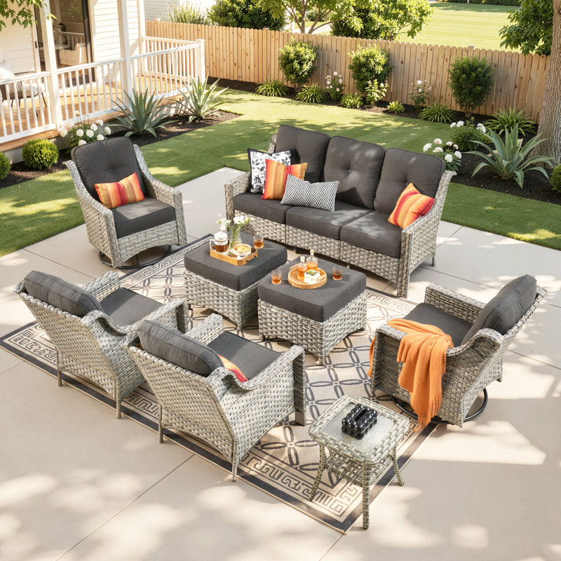 Tommy Outdoor Wicker 9 Person Seating Group With Cushions With Swivel Rocking Chairs And Side Table, Black