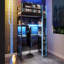 Lit mezzanine simple en bois avec bureau, étagère de rangement latérale, tablettes multiples et lumière RVB, bleu nuage-407936275-407936273