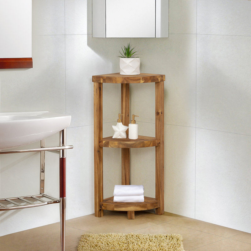 33.5" H x 12.2" W 3-Tier Solid Hardwood Bathroom Corner Shelf, Natural Oiled Finish
