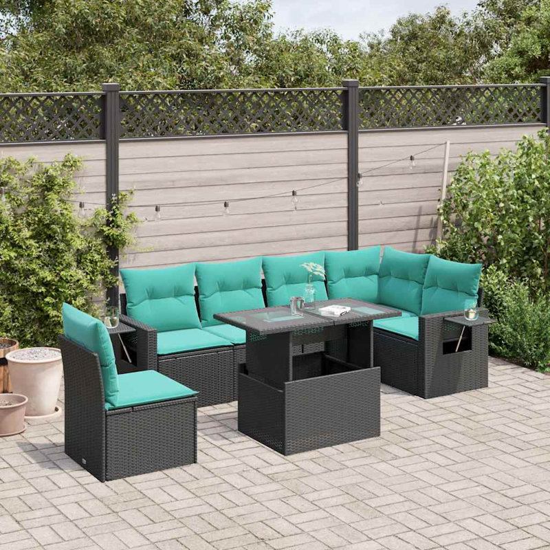 Ensemble de canapé de patio 7 pièces avec coussins en rotin de polyester, Bleu clair, Noir