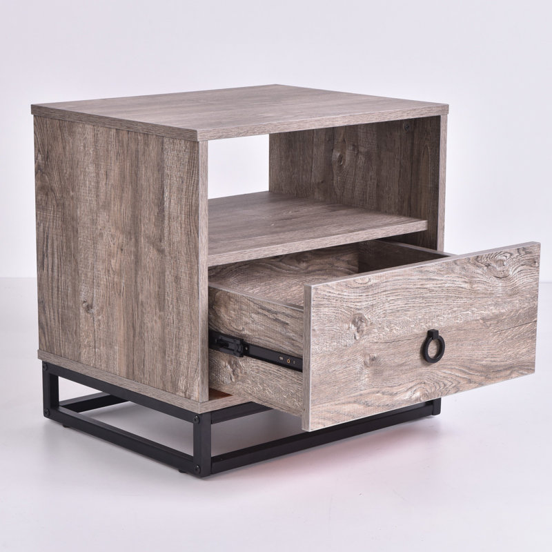 Bluejacket 50.2cm W Iron + Manufactured Wood Bedside Table, Alaska Oak