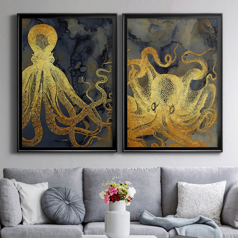 Octopus Ink Gold & Blue I - ensemble de 2 reproductions d'art sur toile encadrées, Noir, H 30,5 po x l 45 po x P 1,25 po
