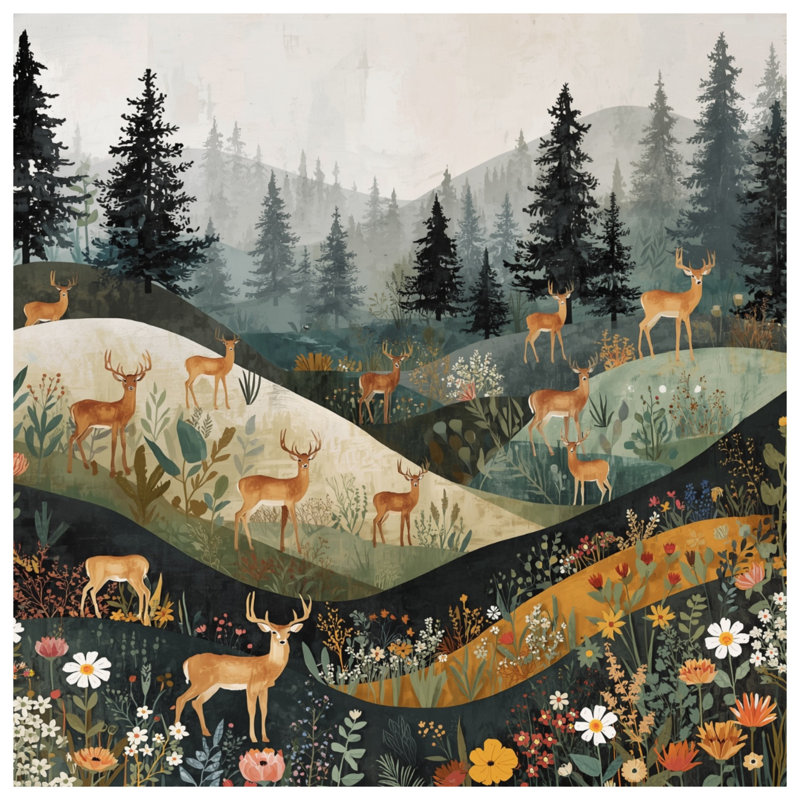 Cerfs dans des couvertures de paysage forestier, L 50 po x H 60 po