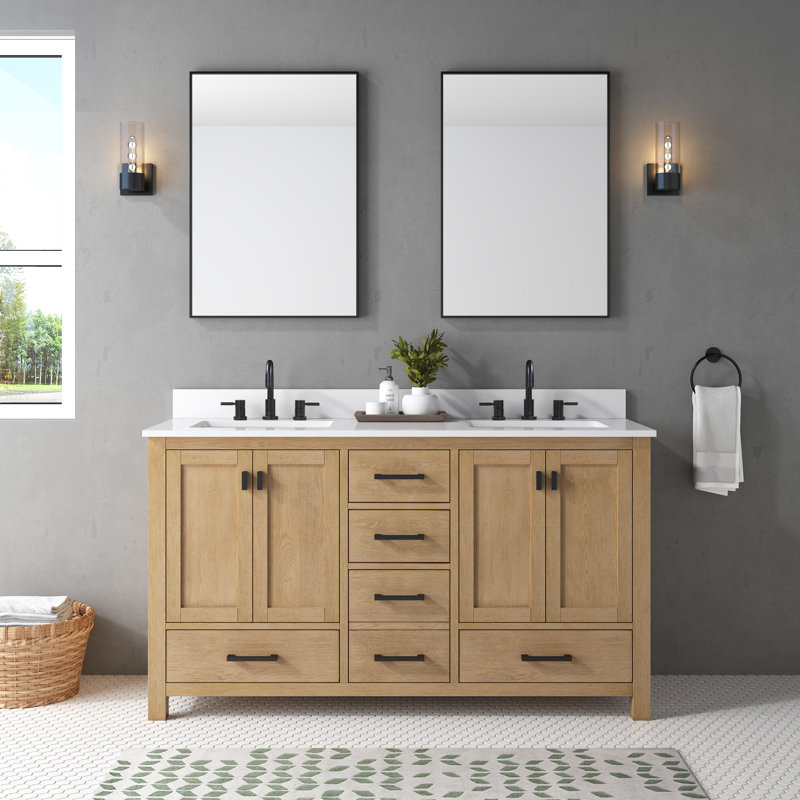 Meuble-lavabo double 60 po avec plateau Souther, Blanc cala, Chêne brossé, Noir