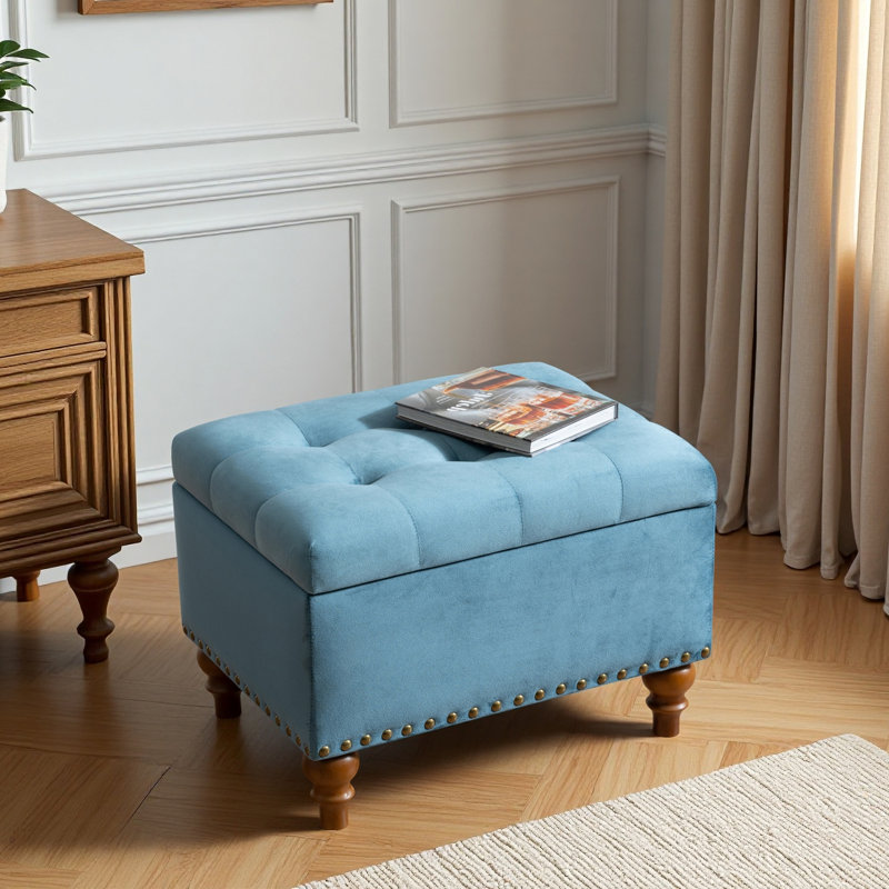 Repose-pieds carré en velours rembourré avec espace de rangement, charnières de support cachées avec plateau facile à ouvrir, garniture de rivets