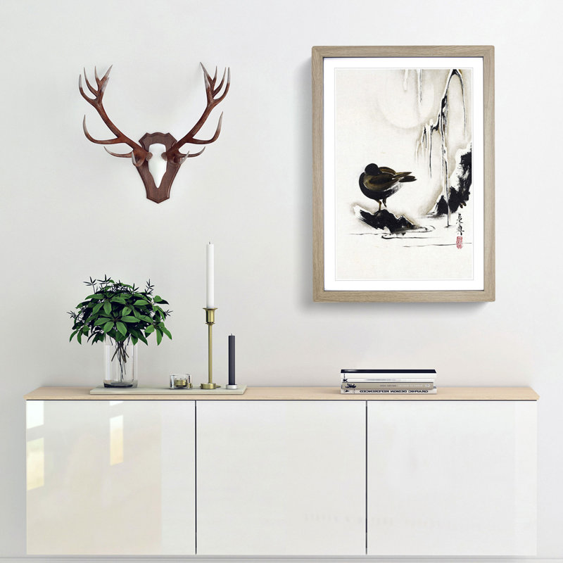 Bird and Willow Tree in the Snow by Shibata Zeshin - Framed Print, 33cm H x 24cm W x 2cm D, Oak Framed