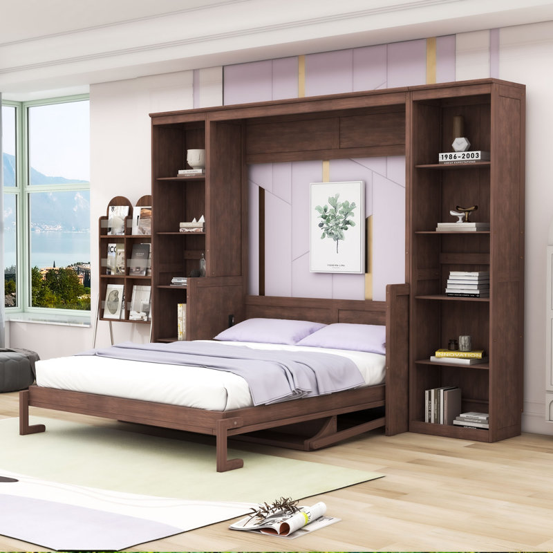 Lit escamotable en bois avec rangement spacieux, Grand