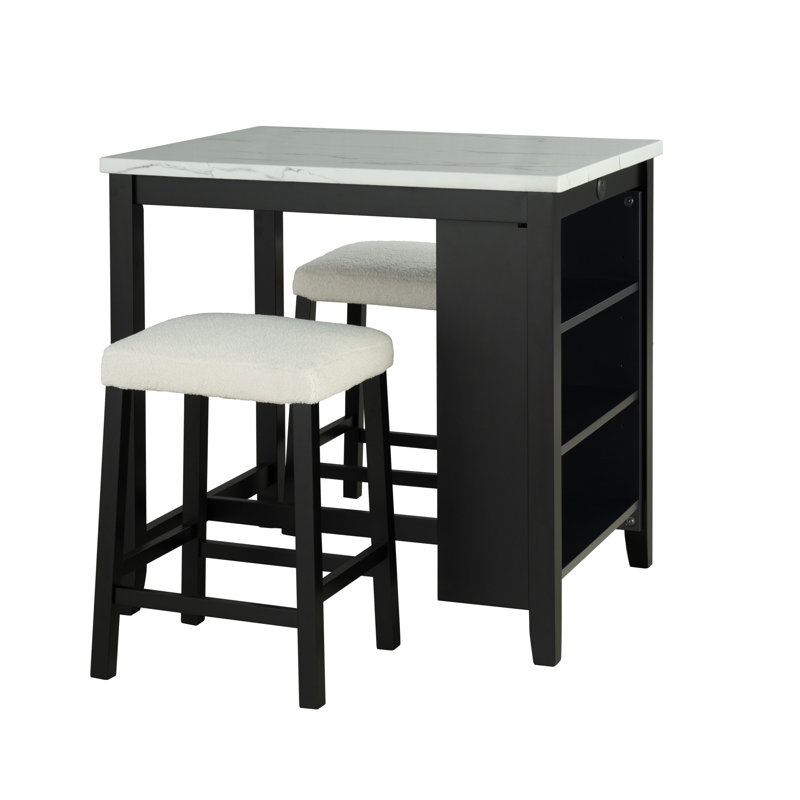 Transitional Bar Table Set With Upholstered Tufted Stools And USB Ports,Set Of 3