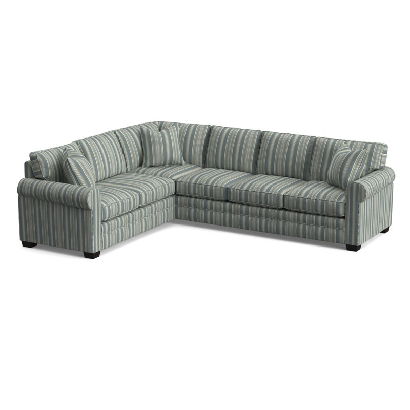 Bedford Upholstered L-Sectional, Green and Blue Stripe; 0252-54, Java Finish, Left Hand Facing