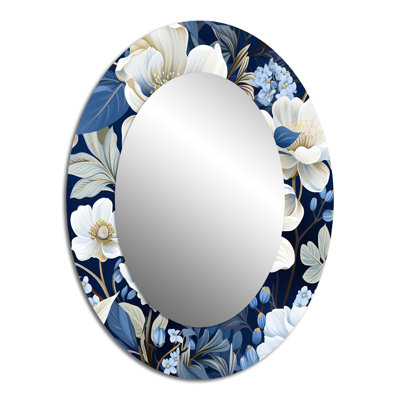 Miroir mural oval bleu glacé et fleurs blanches enneigées