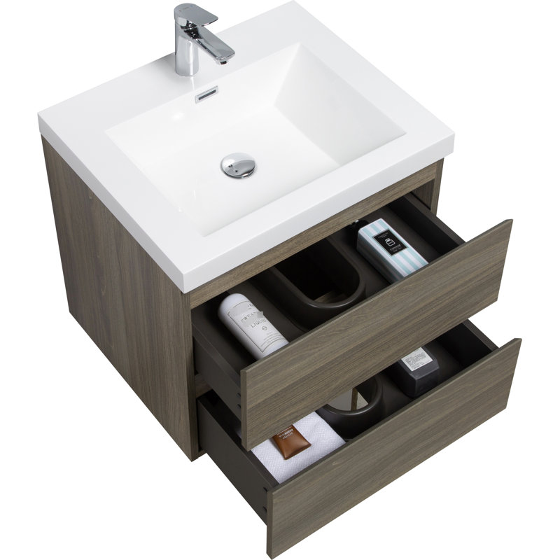 Meuble-lavabo suspendu gris cendré de 24 po avec lavabo en résine, fixé au mur, 2 tiroirs, structure robuste, tiroirs à ouverture silencieuse, fonctionnel et élégant, durable.
