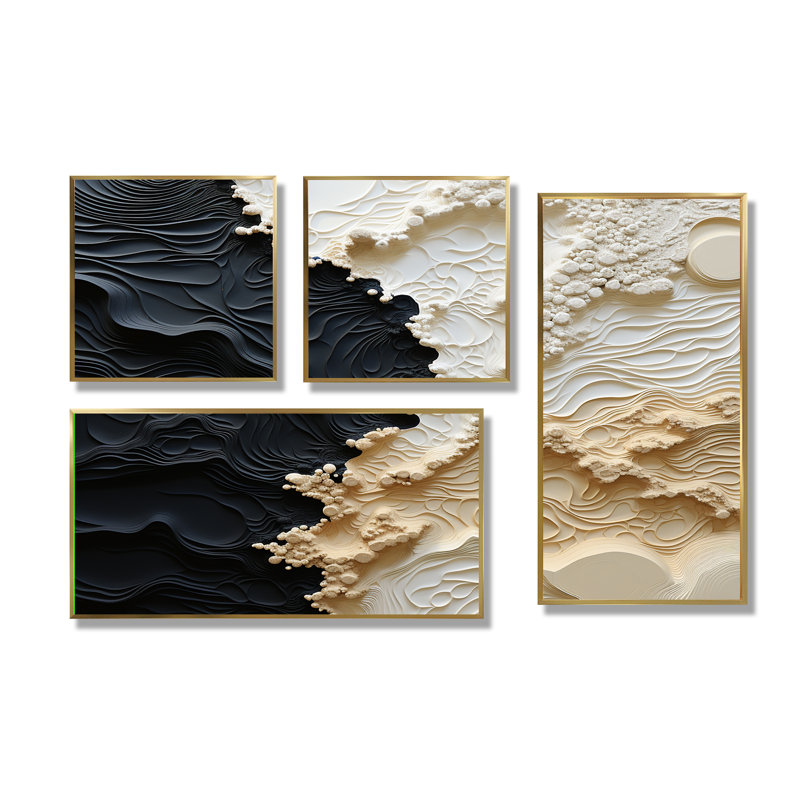 Peinture abstraite liquide crème et noire - 4 pièces, Impression encadrée sans passe-partout, Doré