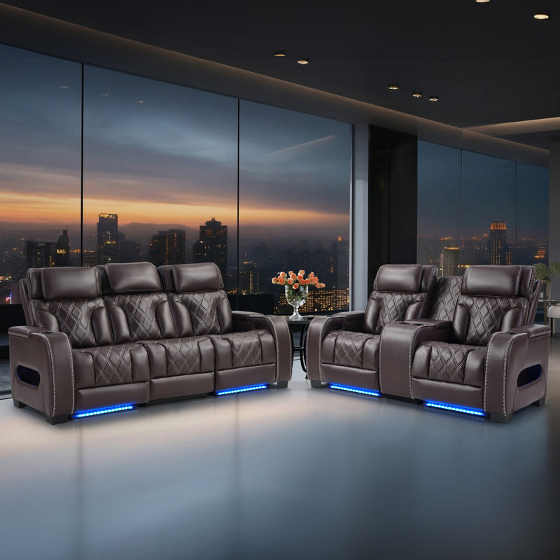 Ensemble de salon inclinable 2 pièces en cuir 2 moteurs, 2 Pieces: Loveseat, Sofa, Brun