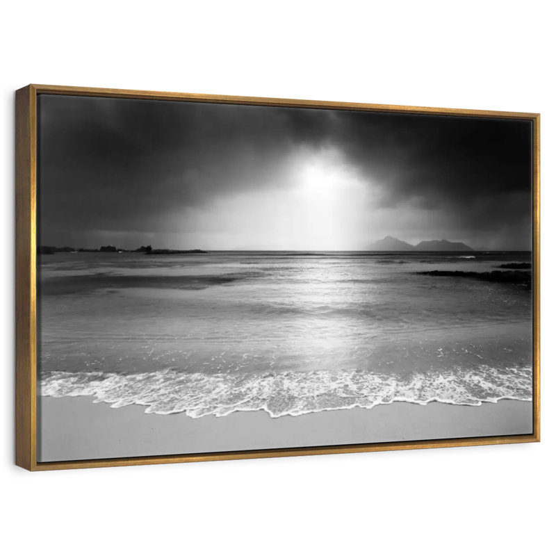 Black And White Beach, Floating Frame Gold, 13" X 9"