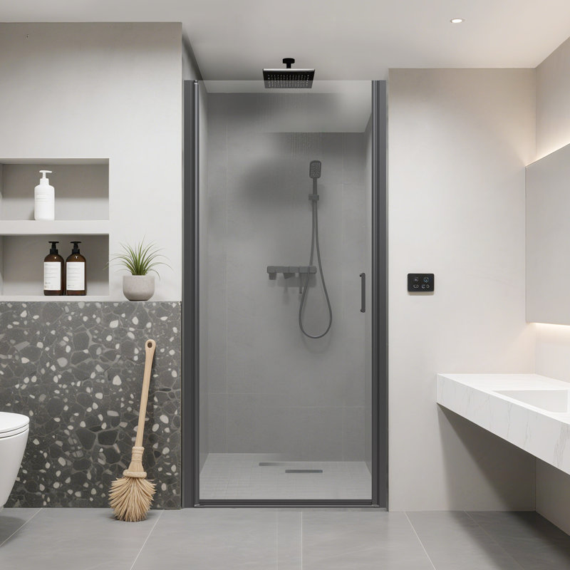 34 In. W * 72 In. H Semi-Frameless Pivot Shower Door, 1/4" (6Mm) Thick Clear SGCC Tempered Glass Door, Pivot Swing Shower Door For Bathroom, Single Glass Panel, Matte Black, Reversible Installation
