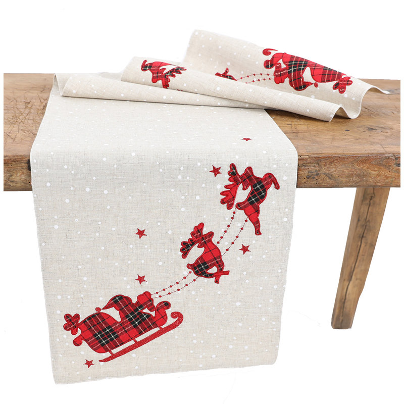 Isaias Applique Tartan Santa Sleigh with Reindeers Table Runner, 90" L x 15" W