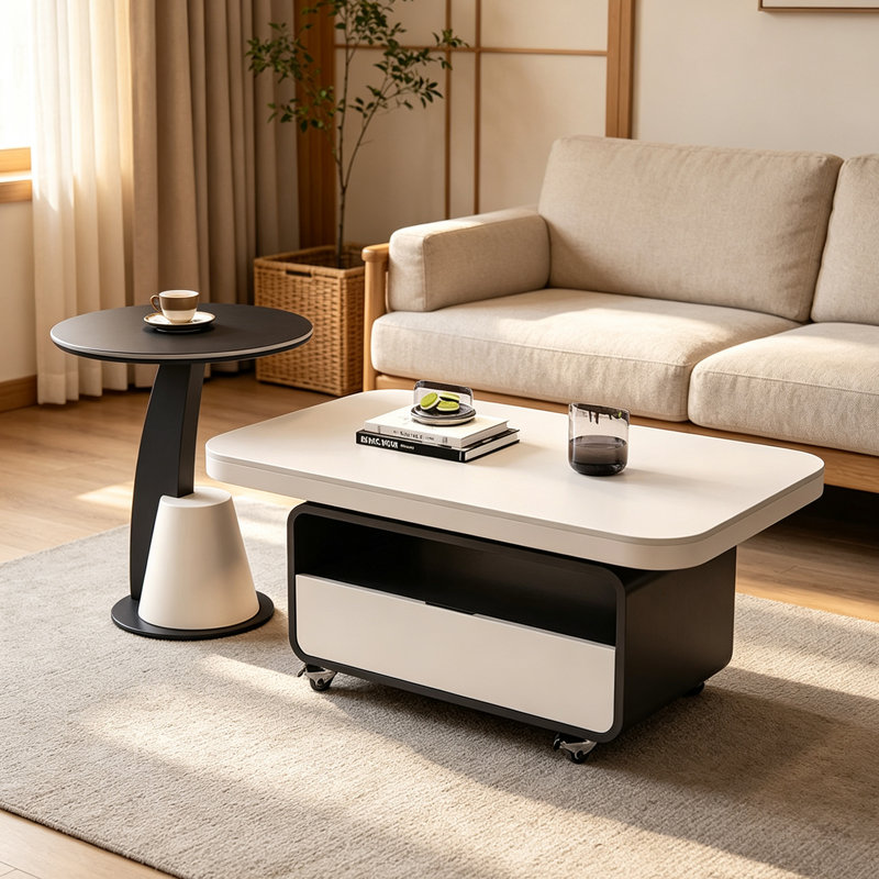 Table basse minimaliste moderne haut de gamme, 18.5" H x 31.49" W x 15.74" D, White Top/Black Base