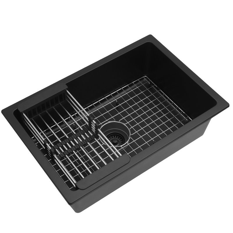28" W x 18" L Black Quartz Single Bowl Undermount Kitchen Sink with Accessories, Black