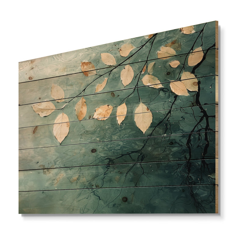 Riverbank Leaves Simplicity Scenery I - Décoration murale en bois de feuilles - sur bois de pin naturel, H 24 po x l 32 po