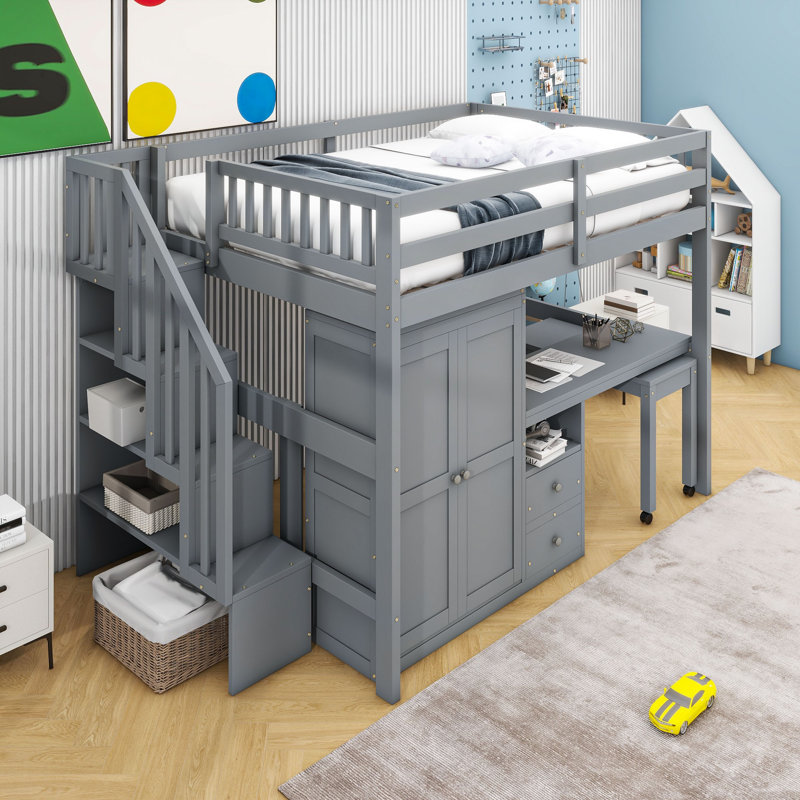 Loft Bed Featuring Integrated Staircase, Bookshelf, Drawers, Workspace Desk, And Wardrobe – All-In-One Solution, Full, Gray